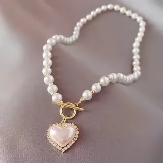 Korean Style Pearl Decor Heart Charm Necklace